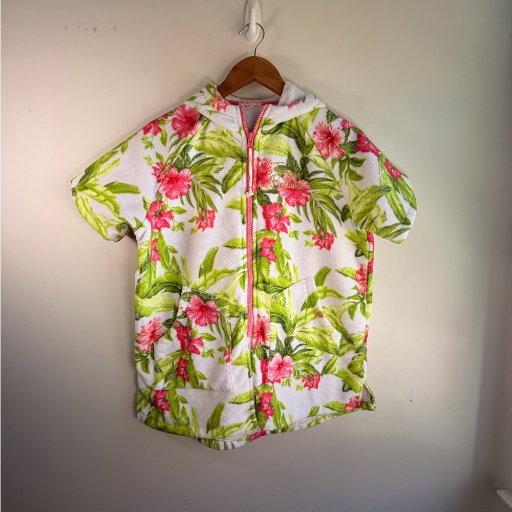 Tommy Bahama White Hooded Zip Terry Top with Pink & Lime Floral Print